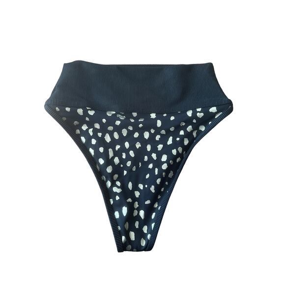 Beach Riot High Rise Cheeky Emmy Ribbed Bikini Bottoms in Black Gold Spot XS - Picture 7 of 8